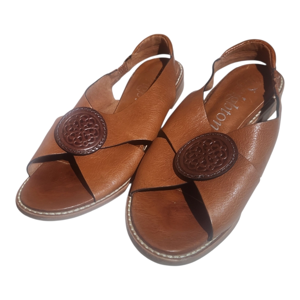 Brighton Nicole X Band Sling Leather Sandals In Cognac Size 8M- Made In Brazil - Picture 2 of 10